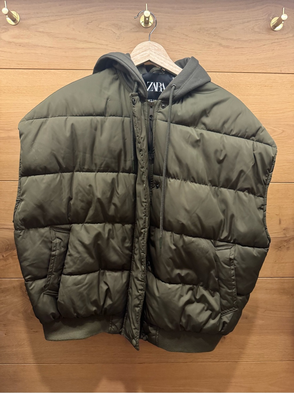 Zara Olive Quilted Hooded Sleeveless Puffer vest